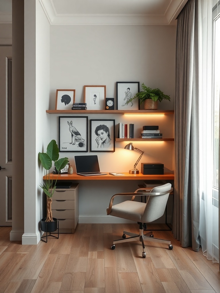 A stylish corner office setup with a desk, shelves, and a plant.