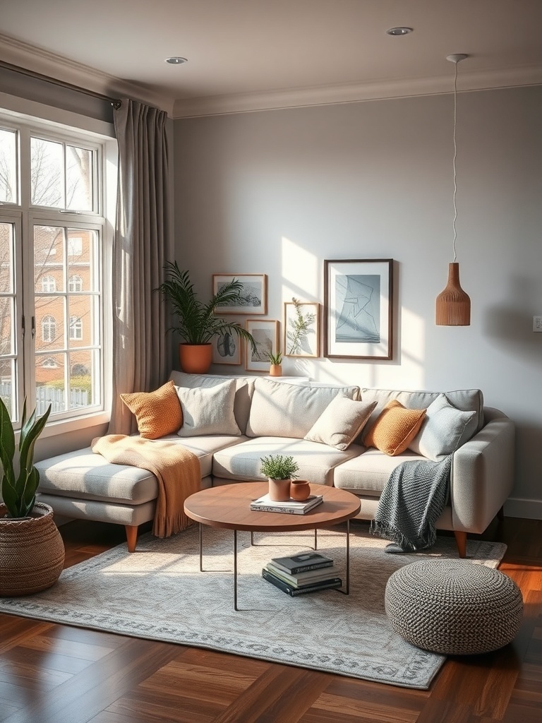 Cozy living room featuring a corner sofa, round coffee table, and plants.