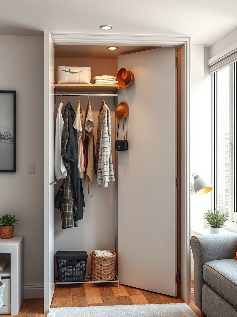 A small closet with organized door space, featuring hats and bags hanging on hooks.
