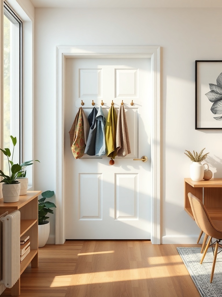 A door with hooks holding colorful towels and a cozy interior with a desk and plants.