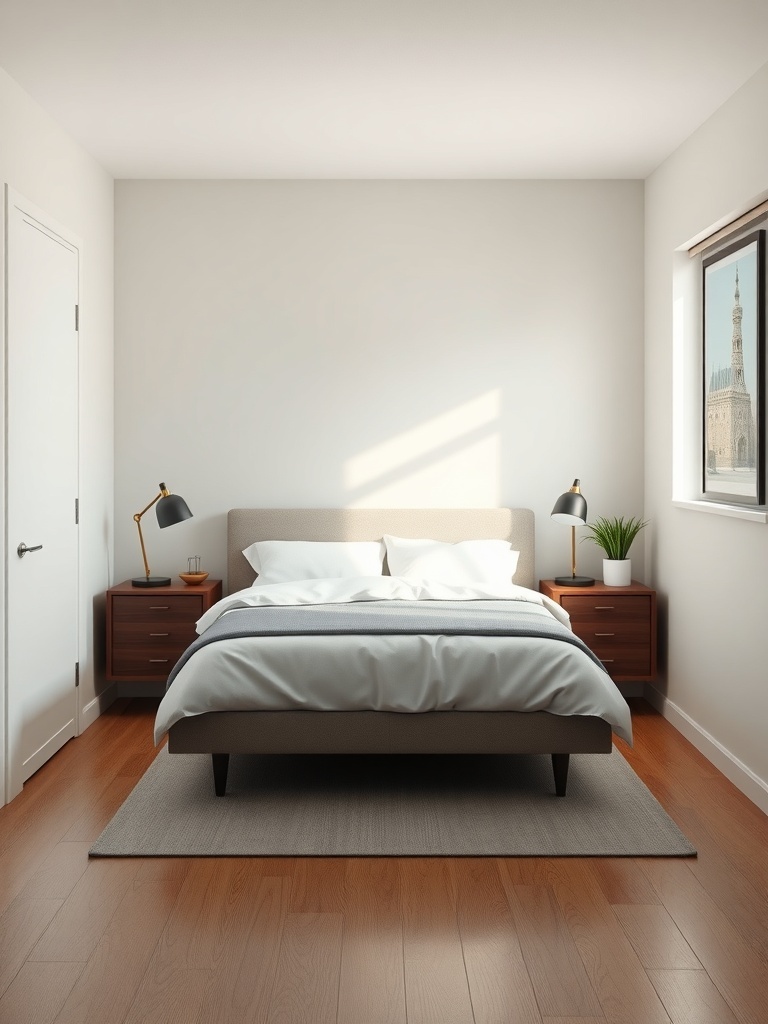 A small bedroom featuring a floating nightstand with a lamp and a plant, showcasing a modern design.
