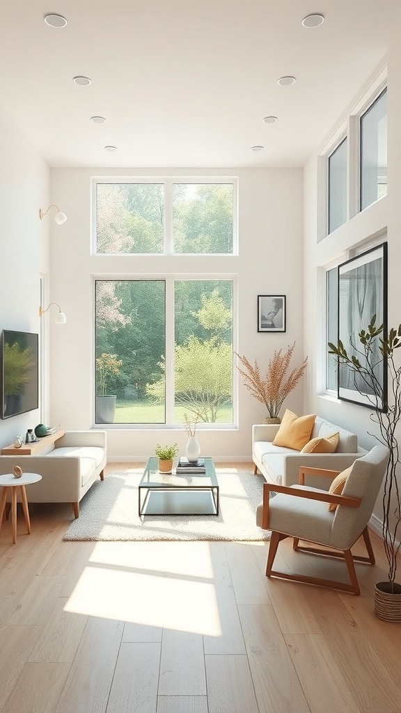 Bright and airy small living room with large windows and light-colored furniture.
