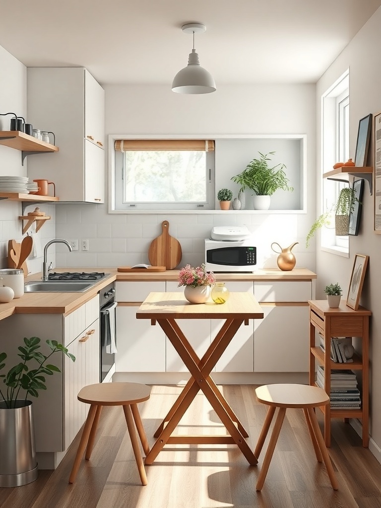 A small kitchen featuring a foldable table with two stools, showcasing a clean and organized space.