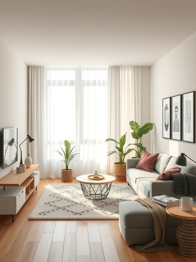 Bright small living room with sheer curtains, plants, and modern furniture.