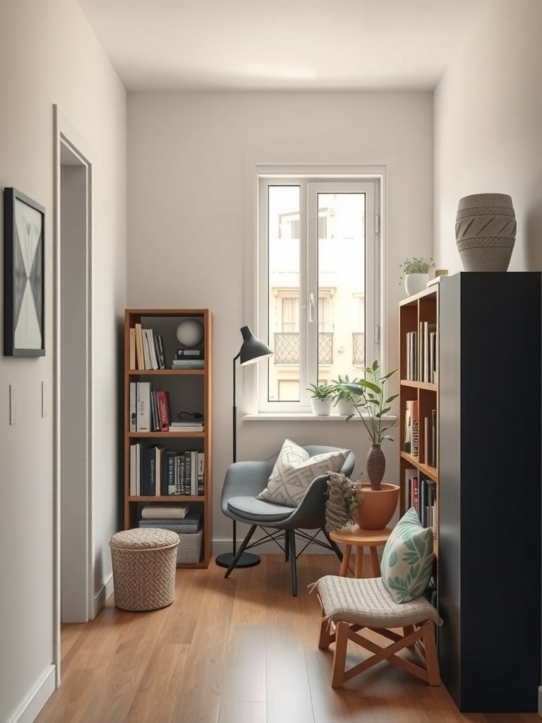 A small apartment nook with a chair, bookshelves, and plants.