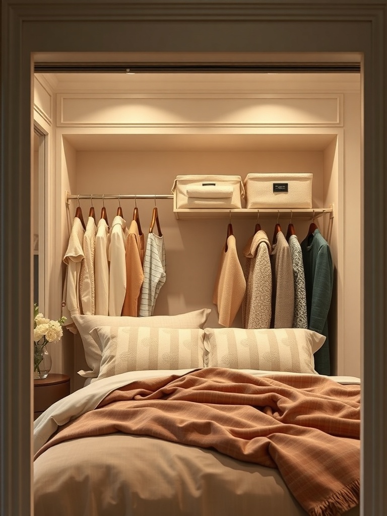 A well-organized closet with clothes hanging on a rod and storage boxes placed above.