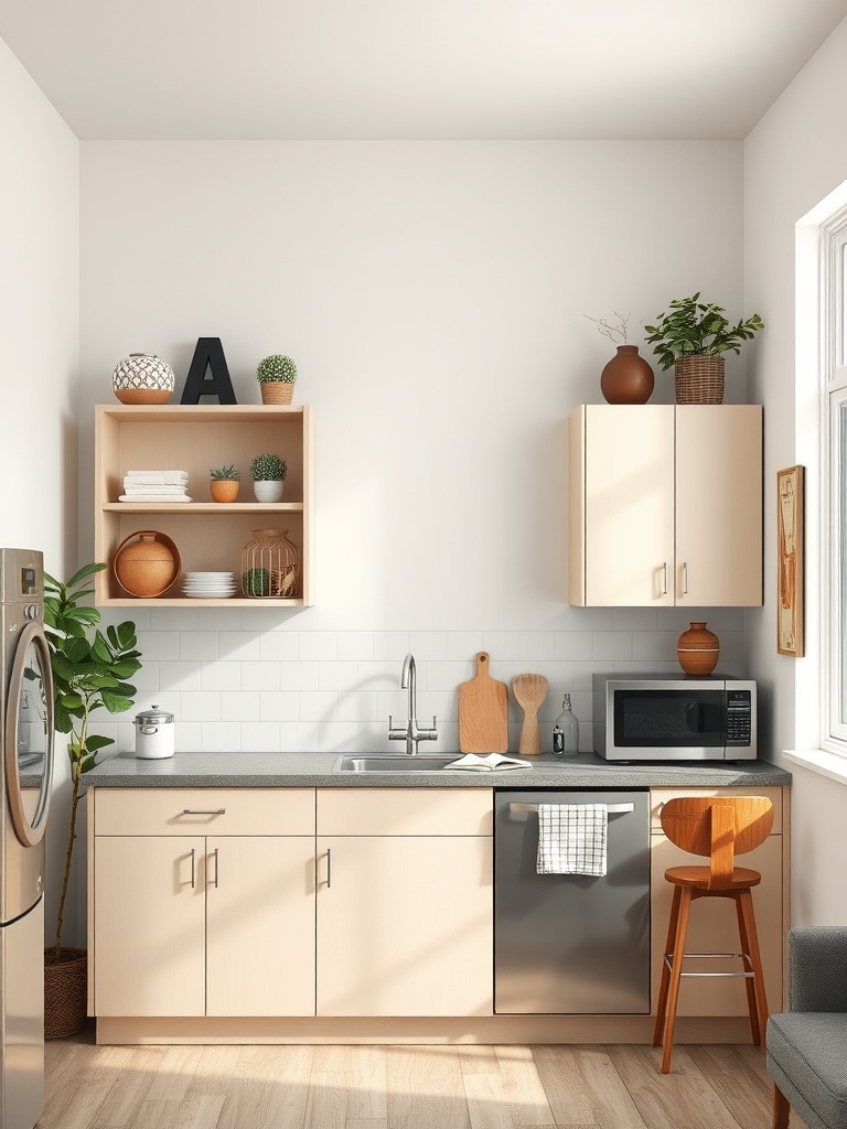 A compact kitchen with open shelves above cabinets, showcasing plants and decorative items.