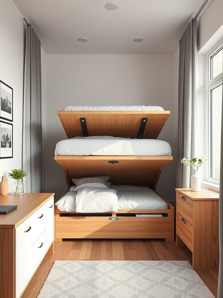 A cozy bedroom featuring a bed with under-bed storage, showcasing a clean and organized space.