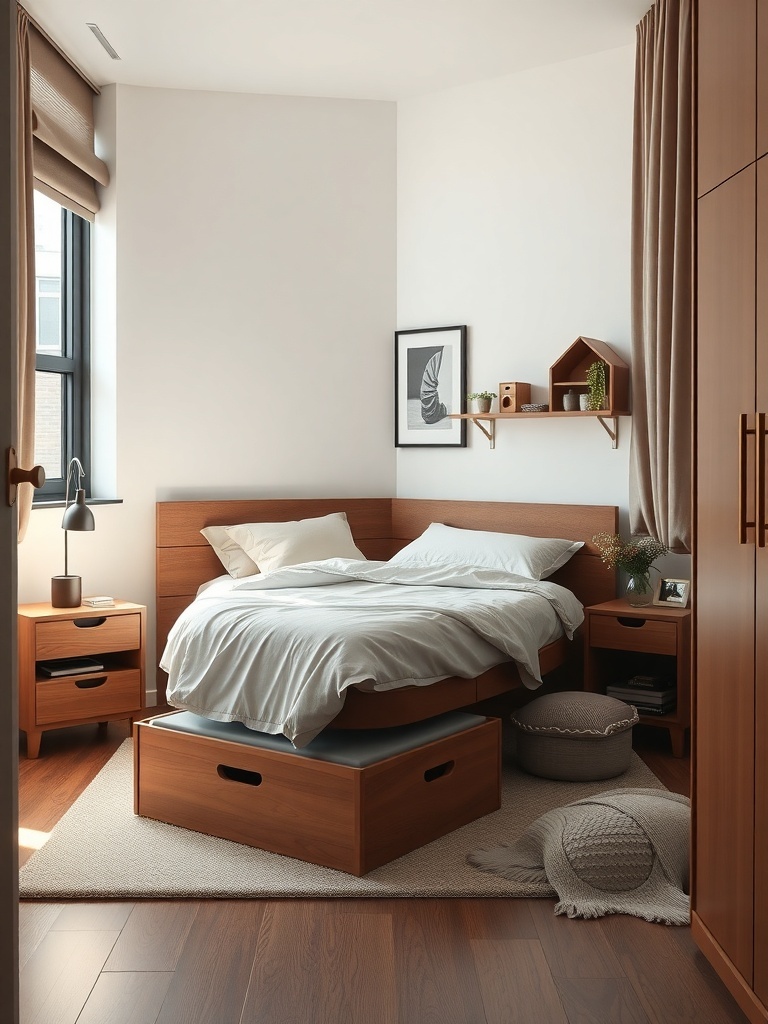 A cozy bedroom featuring a bed with under-bed storage, wooden furniture, and a warm color palette.