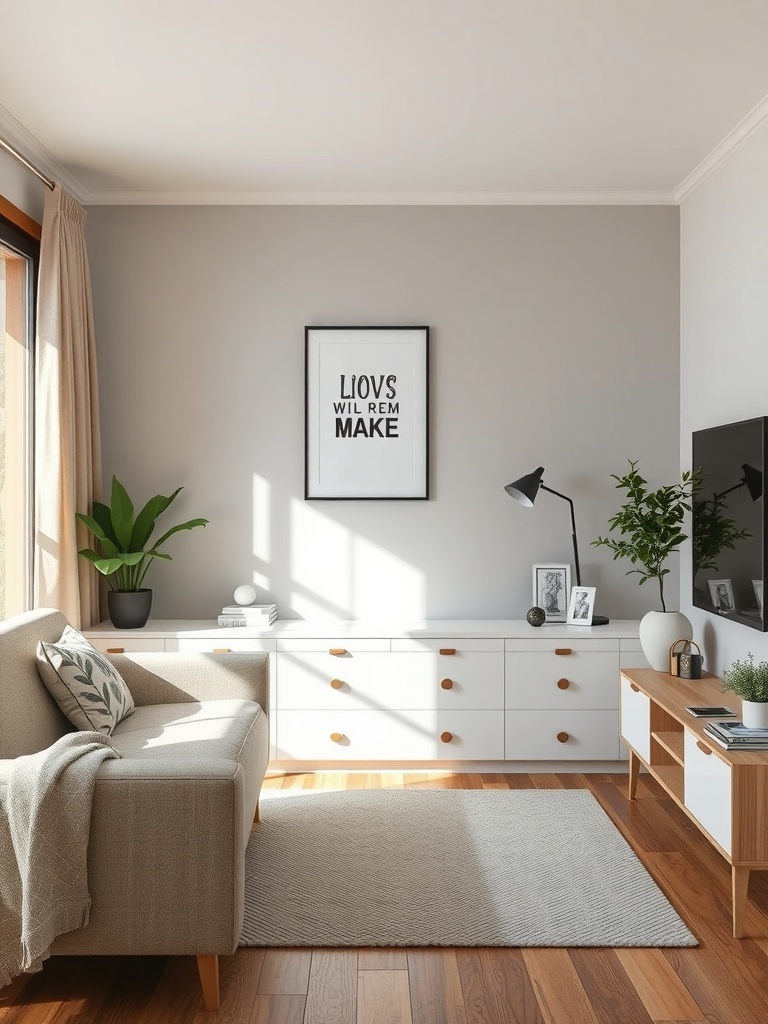 A modern small living room with a light sofa, wooden furniture, and under-furniture storage options.