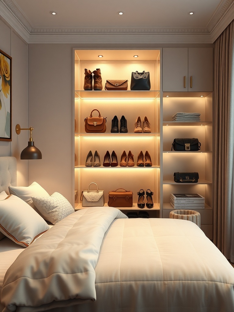 A stylish closet with well-organized shelves displaying shoes and bags, illuminated by soft lighting.