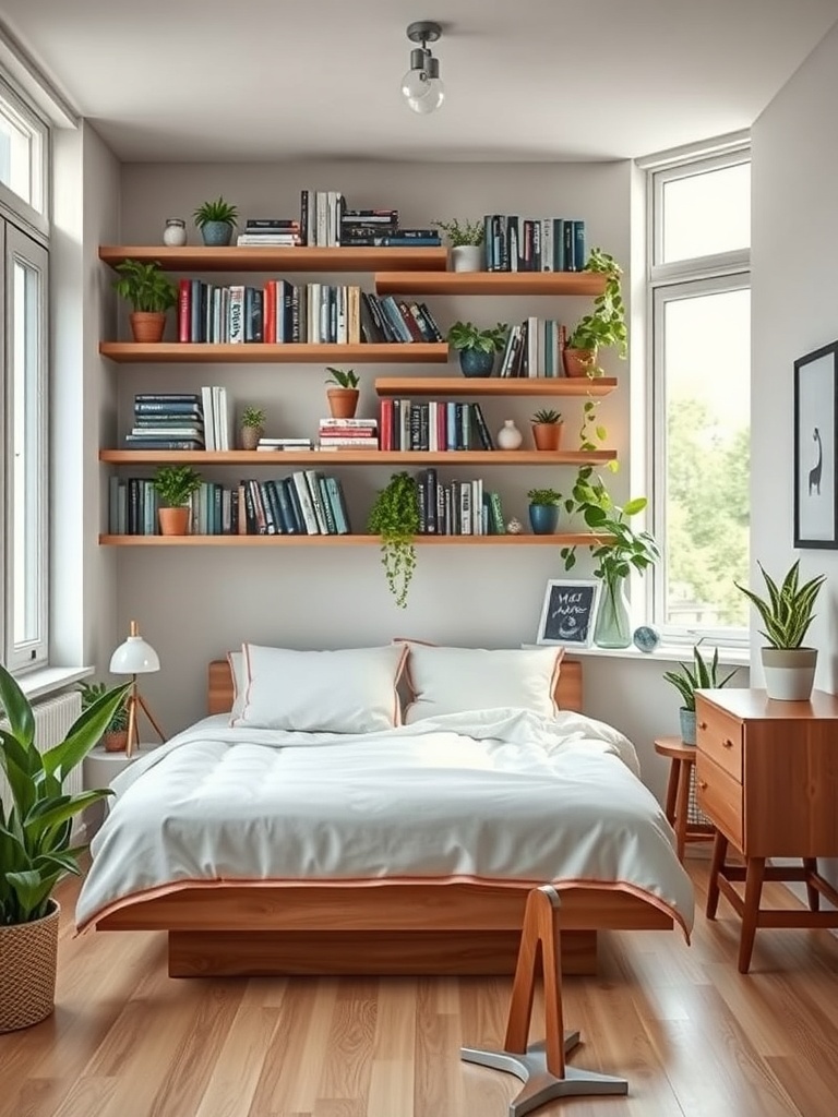 A cozy small bedroom featuring wooden shelves filled with books and plants above the bed.