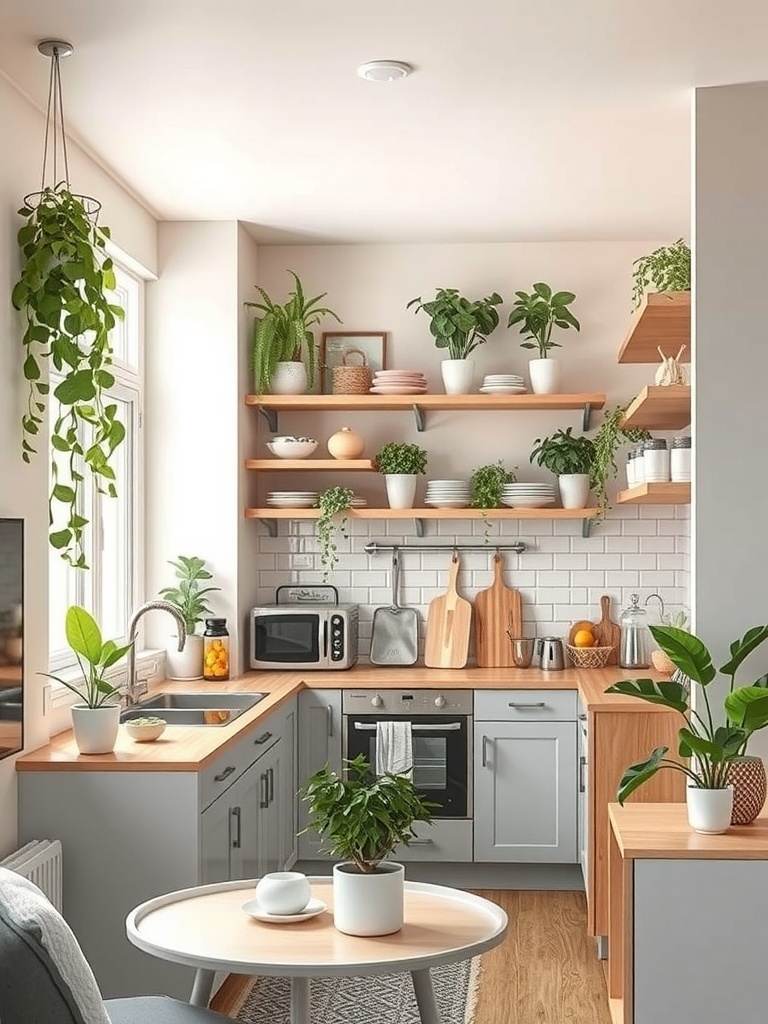 A compact kitchen featuring open shelving with plants and kitchenware.