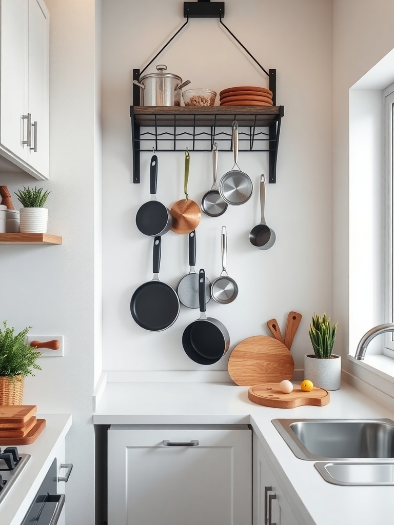 A small kitchen featuring a wall-mounted pot rack with various pots and pans.