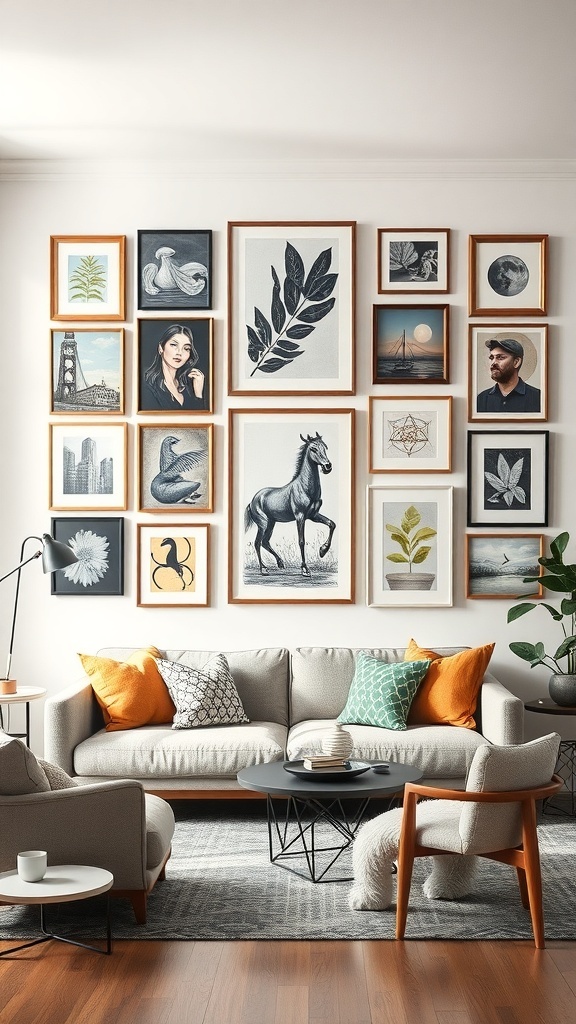 A cozy living room featuring a gallery wall with various framed artworks, a light gray sofa with colorful pillows, and a round coffee table.
