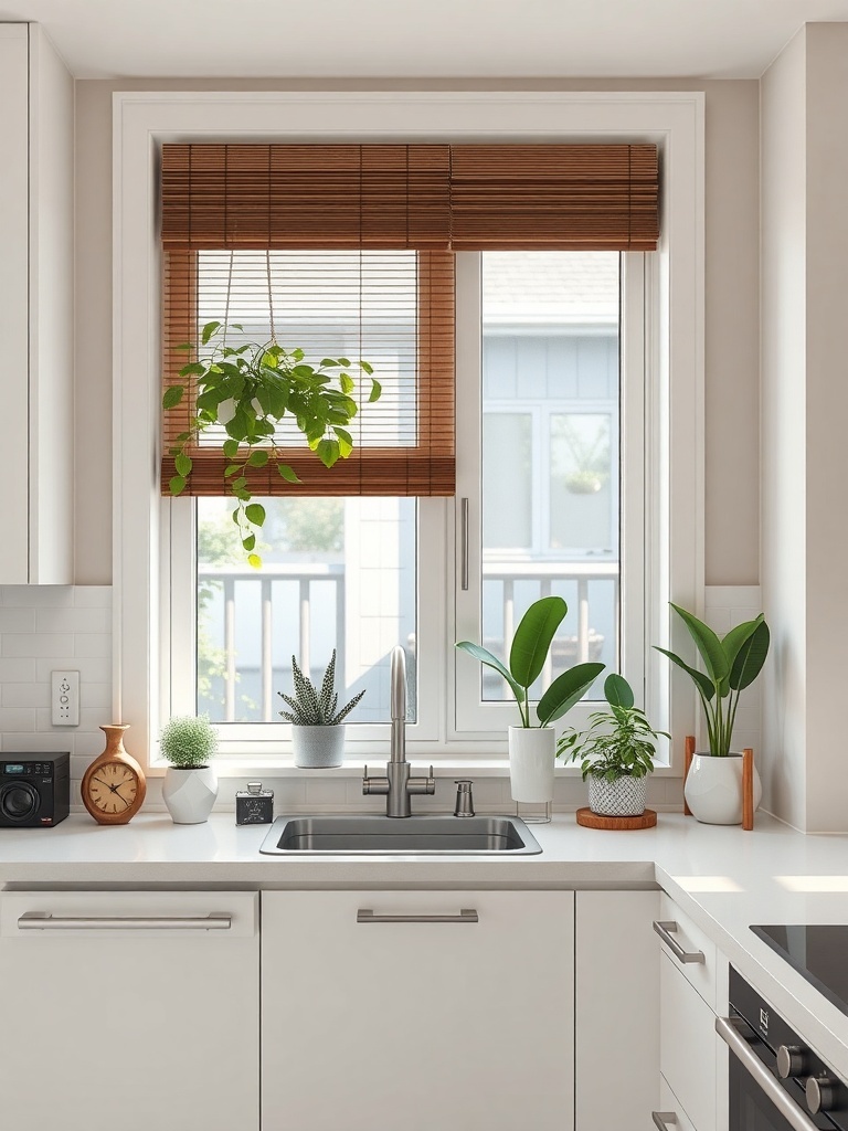 A bright kitchen window with plants and decorative items on the sill.
