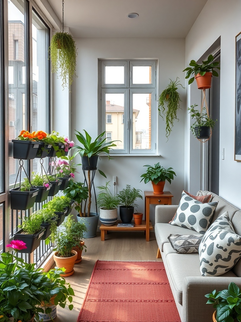 A cozy balcony with vertical garden planters filled with colorful flowers and greenery.