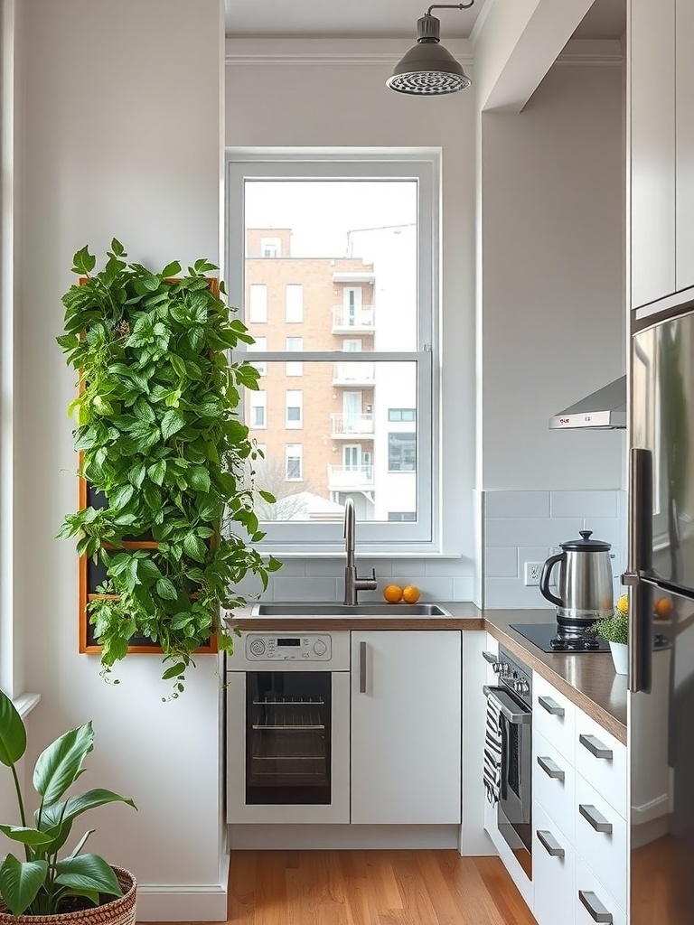 A small kitchen featuring a vertical garden with fresh herbs next to a sink.
