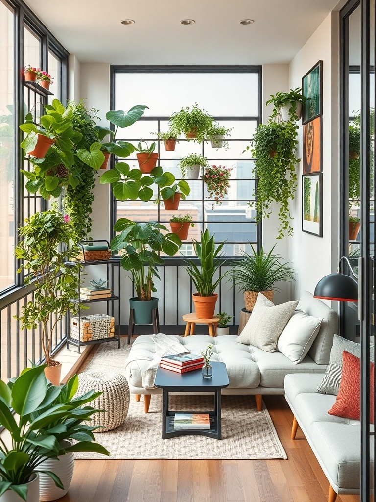 A cozy living room featuring a vertical garden with various plants and a comfortable seating area.