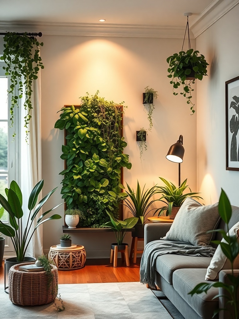 A cozy living room with vertical planters, featuring lush green plants on the walls and hanging from the ceiling.