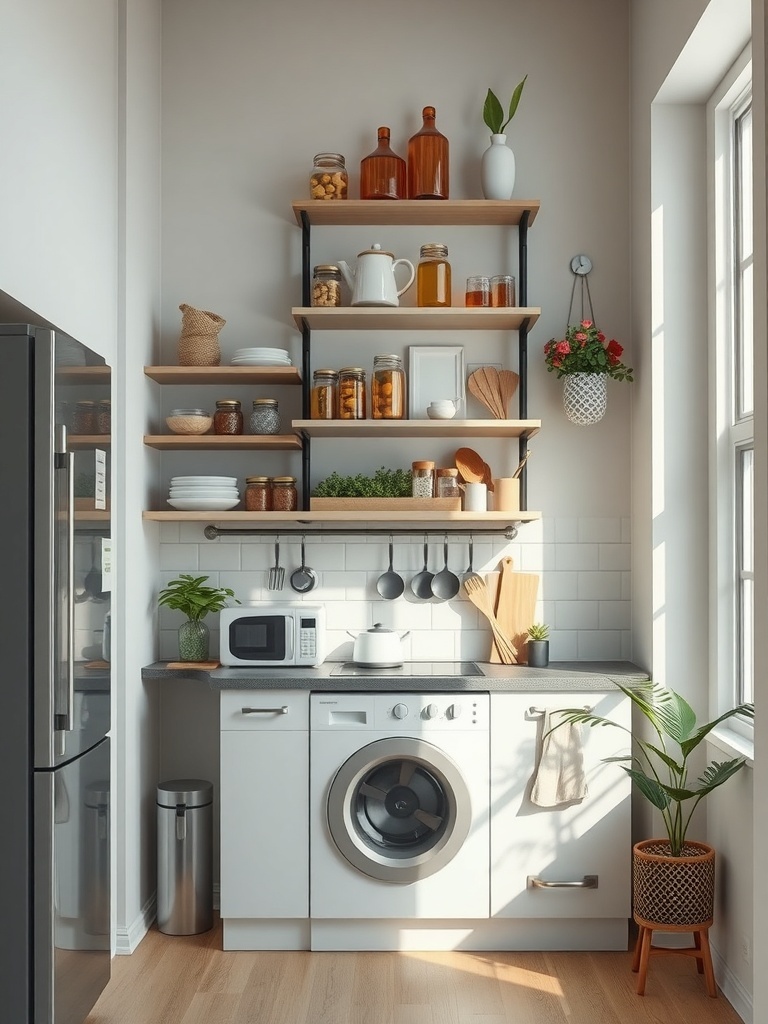 A small kitchen featuring vertical shelves with jars, plants, and kitchen utensils.