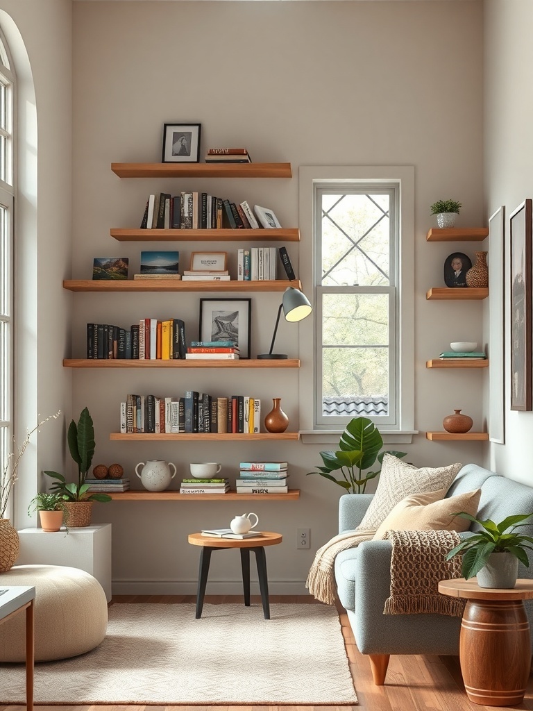 A cozy living room featuring floating wooden shelves filled with books and decorative items, complemented by a comfortable sofa and plants.