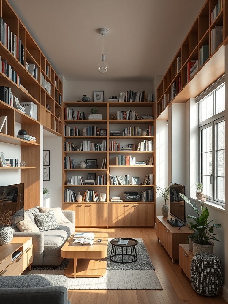 A cozy living room with tall wooden shelves filled with books and decorative items.