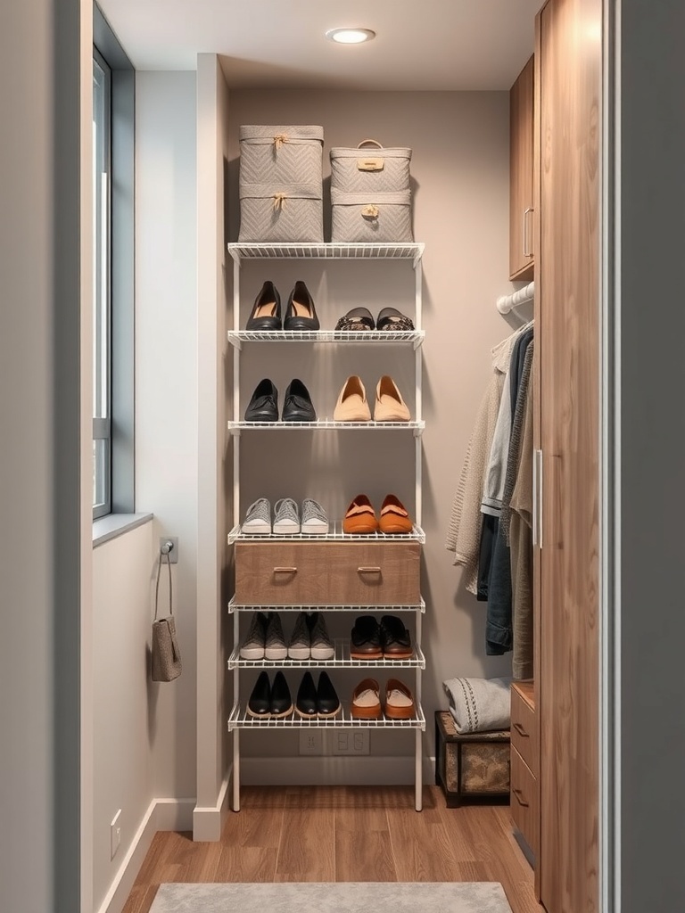 A small closet with vertical storage solutions including shelves for shoes and storage boxes.