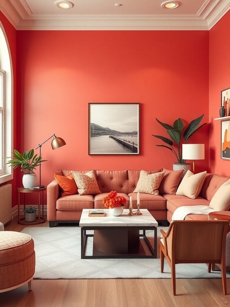 A small living room with vibrant coral walls, a coral couch, and decorative pillows, featuring a coffee table and plants.
