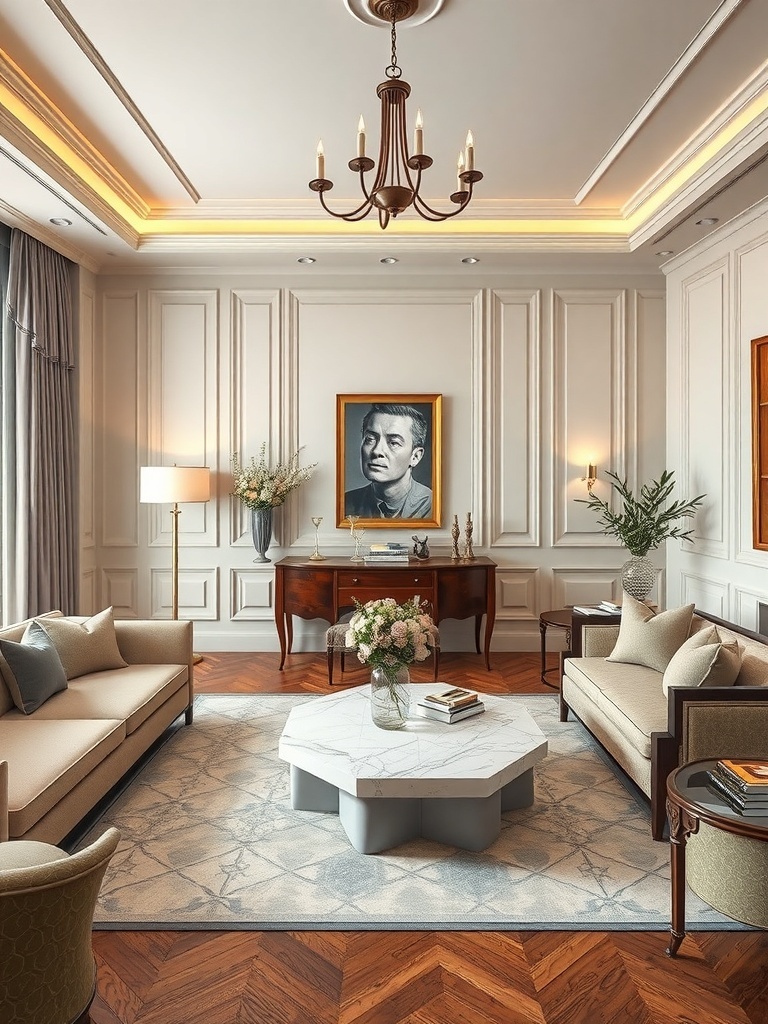 A luxurious living room featuring vintage decor, elegant furniture, and a striking portrait.