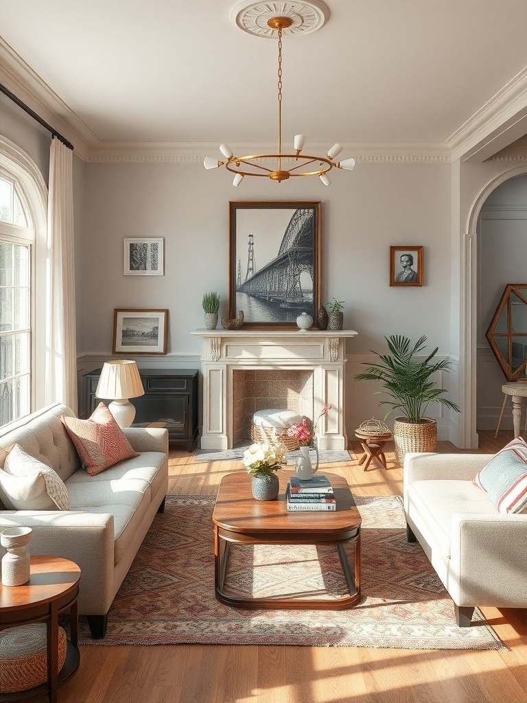 Cozy vintage-inspired living room with wooden furniture, plants, and artwork.