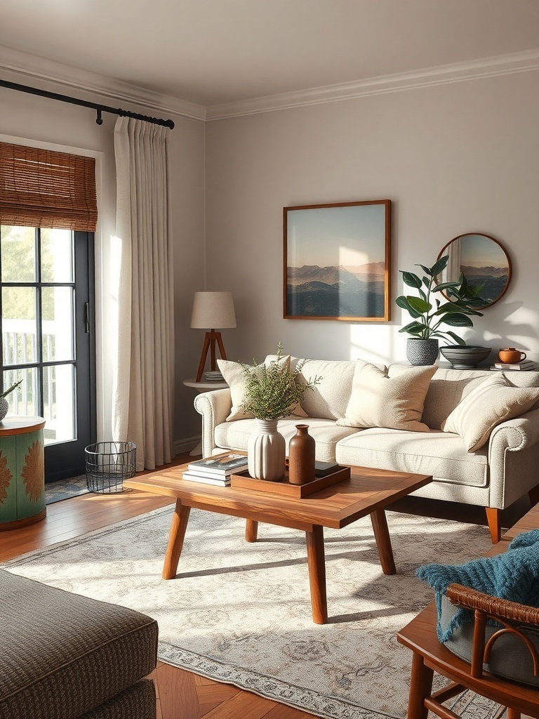 A cozy living room with a vintage coffee table styled with decorative items and a plant.