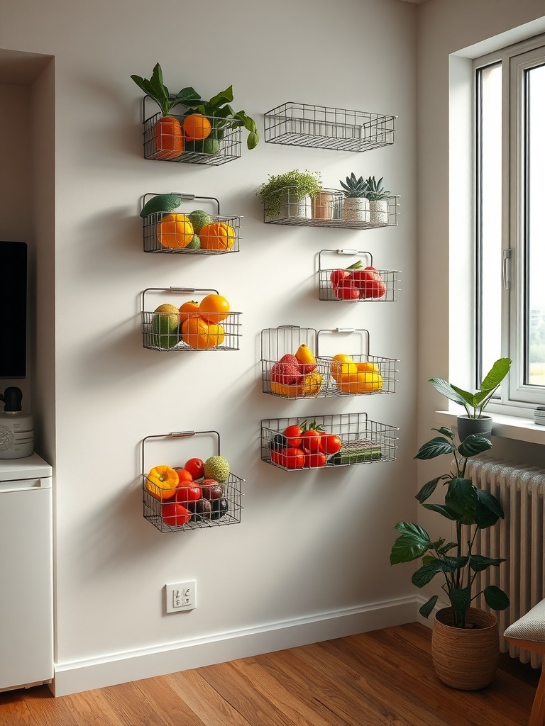 Wall-mounted baskets filled with fruits and vegetables in a small kitchen.