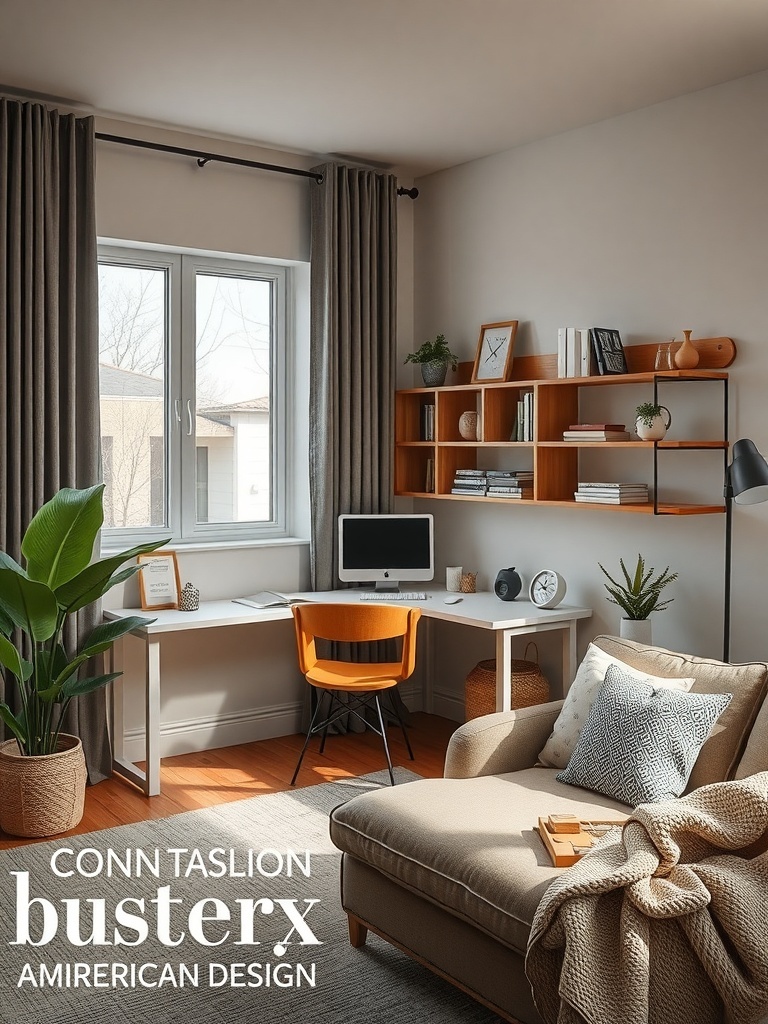 A cozy workspace featuring a wall-mounted desk, orange chair, and decorative elements in a small condo living room.