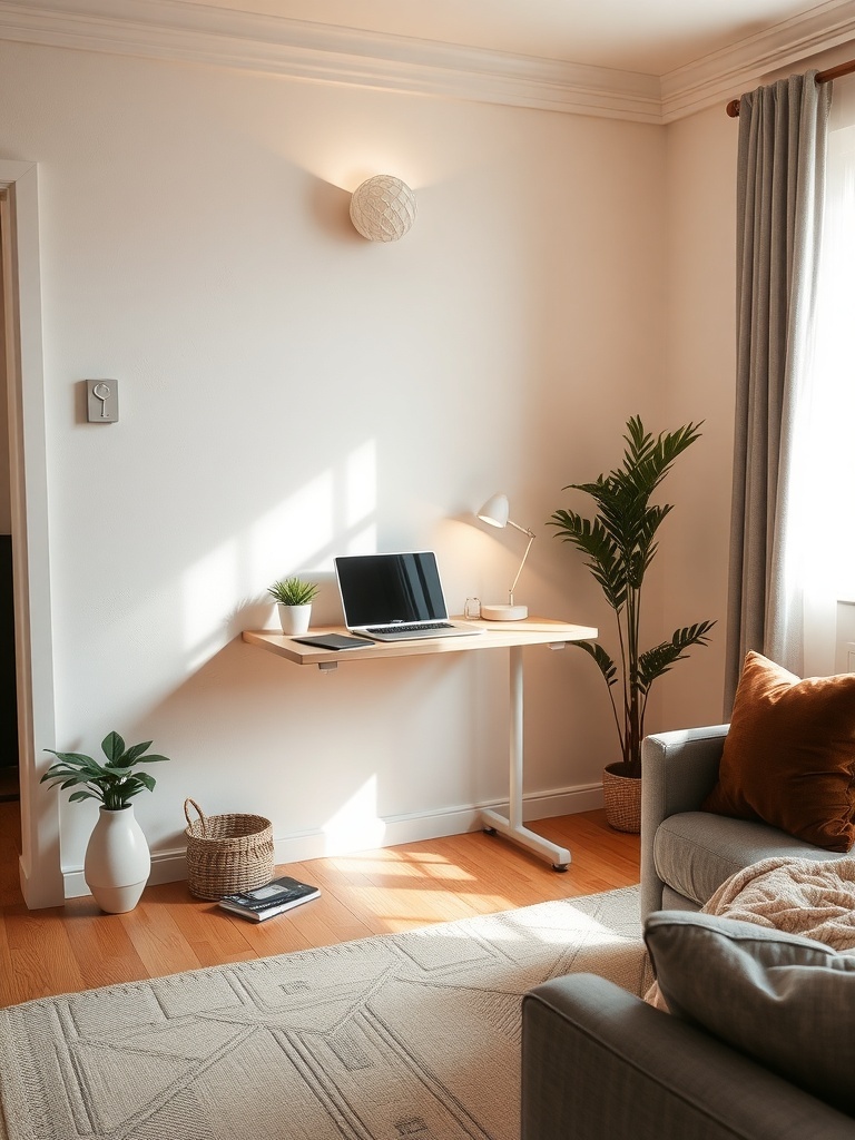 A wall-mounted desk with a laptop and lamp in a small living room setting