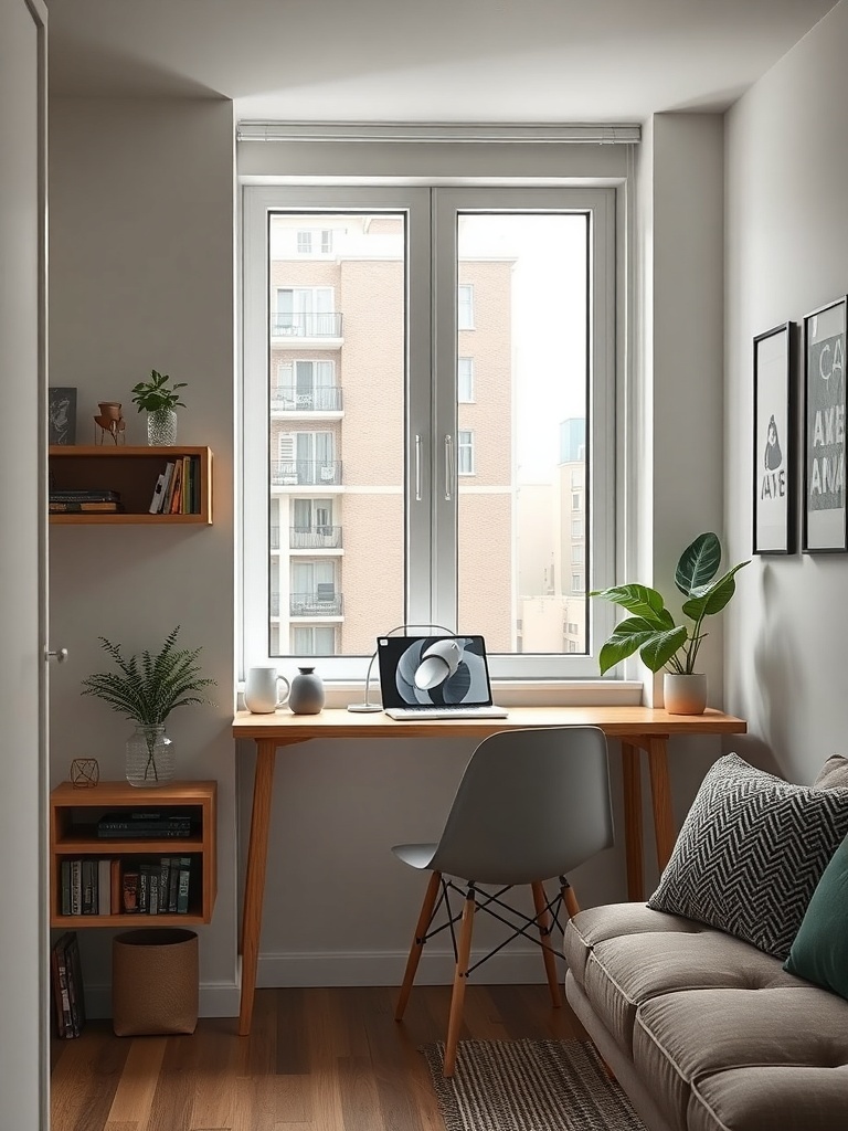 A cozy apartment corner featuring a wall-mounted desk with a laptop, plants, and decorative items.