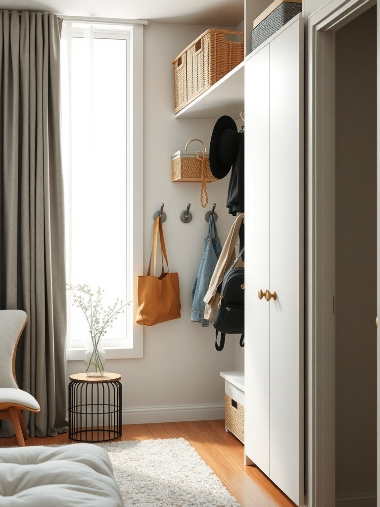 A small closet with wall-mounted hooks displaying bags and hats.