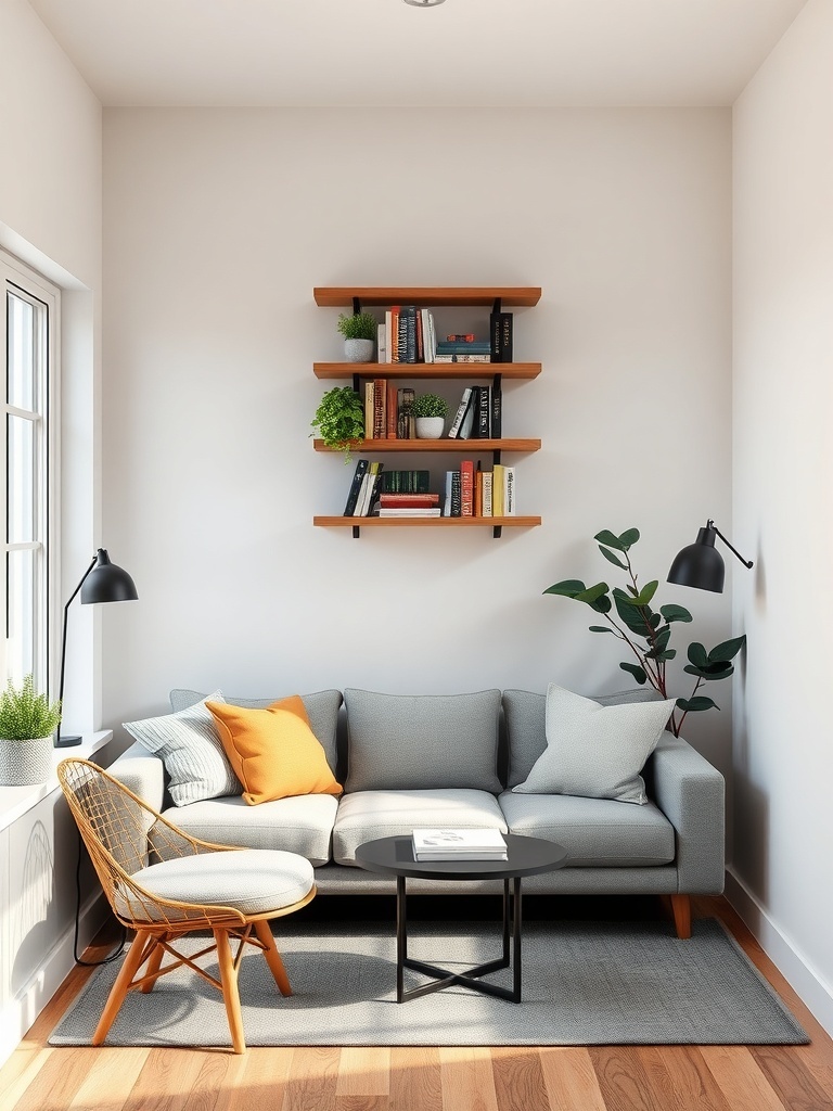 A cozy living room featuring a wall-mounted shelf with books and plants, a gray sofa, and a stylish chair.