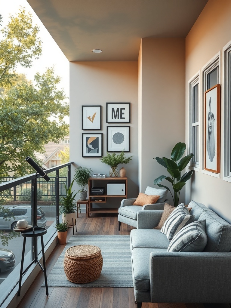 A small balcony with wall art display, featuring framed prints and a cozy seating area.