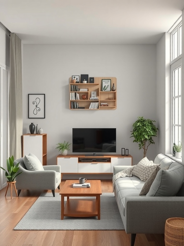 A stylish living room featuring wall art with built-in storage, showcasing books and decorative items.