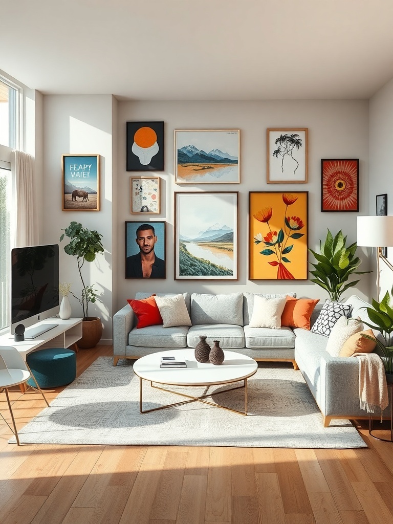 A stylish living room with a variety of wall art, a light gray sofa, colorful cushions, and plants.