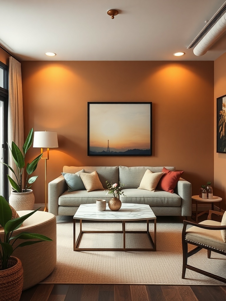 A cozy small living room with warm earth tones, featuring a light gray sofa, colorful pillows, a marble coffee table, and plants.