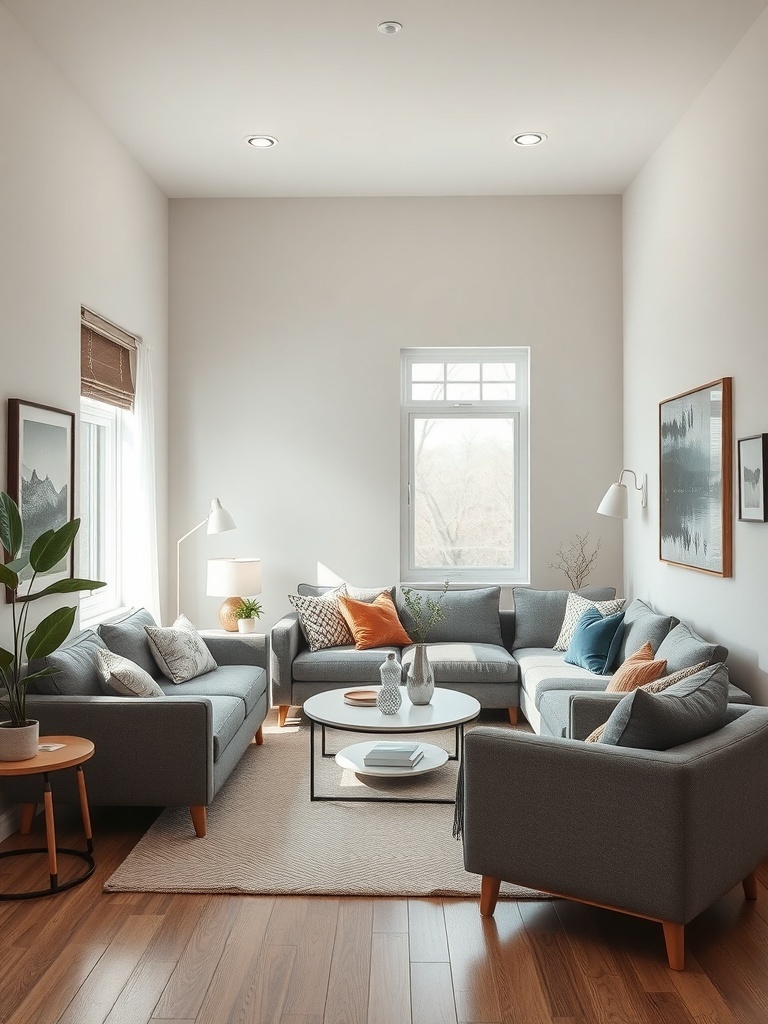 Cozy small condo living room with sectional sofa, round coffee table, and decorative plants.