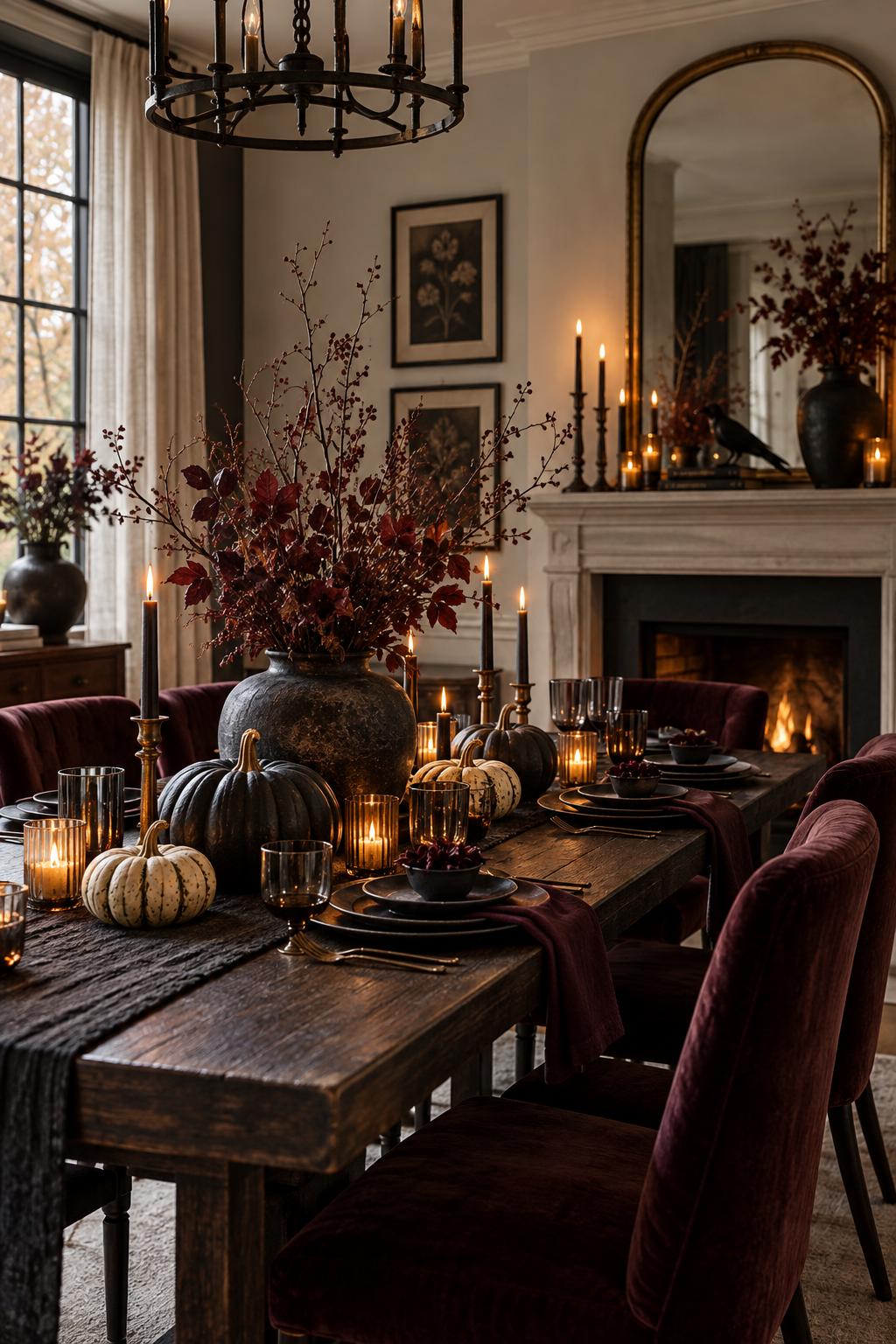 Elegant Halloween living room with black and amber accents