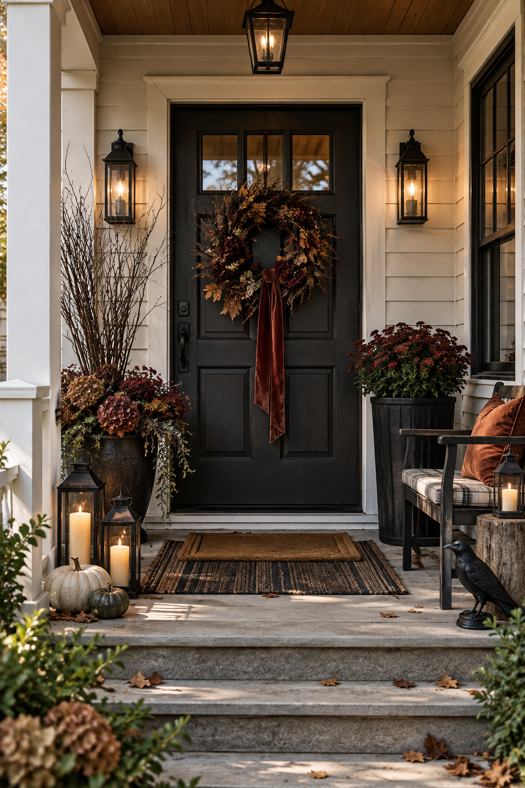 Small front porch Halloween decor with black planters and lanterns