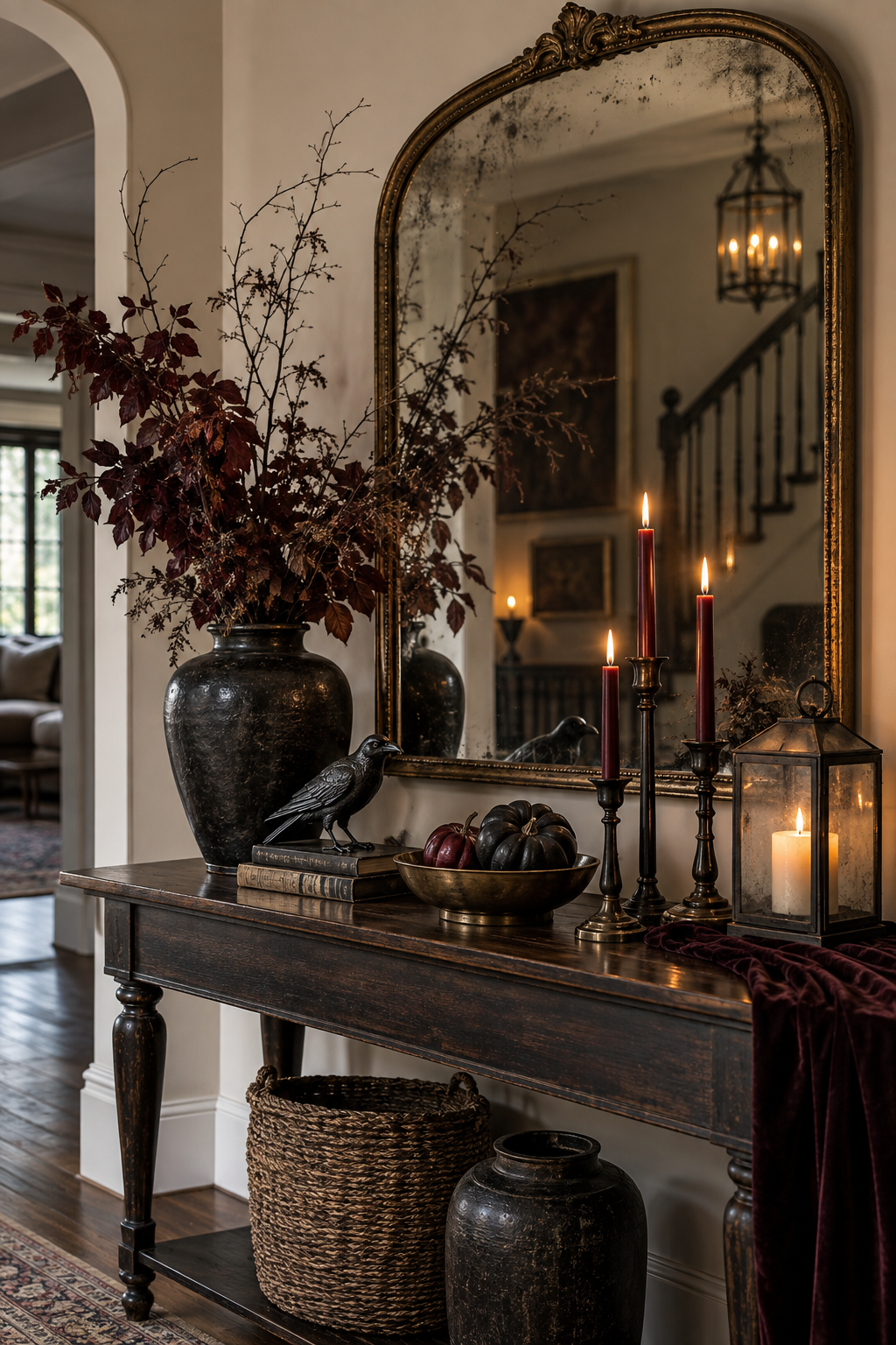 Neutral living room with black taper candles