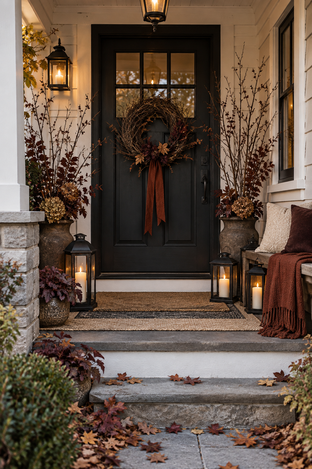 Narrow porch with symmetrical black urns