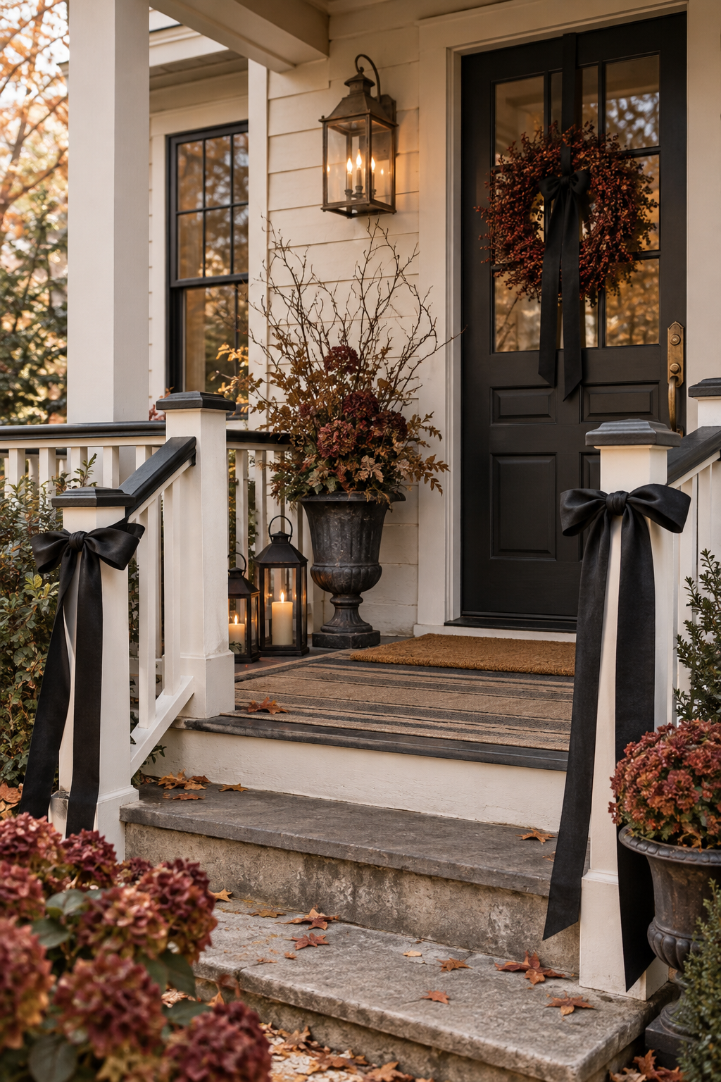 Layered Halloween doormats on a small porch