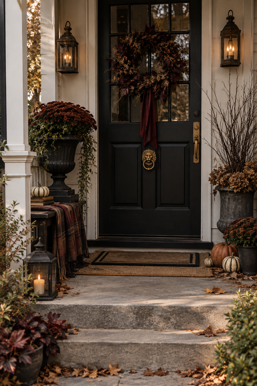 Traditional brick porch with elegant Halloween decor