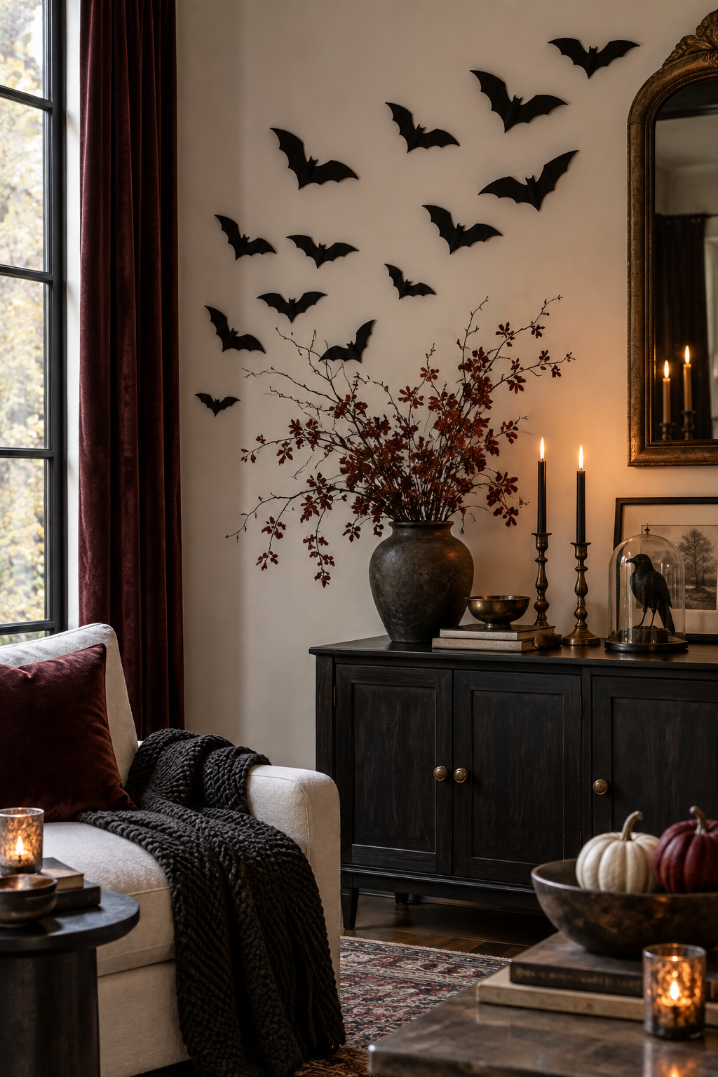 Moody elegant Halloween kitchen shelves